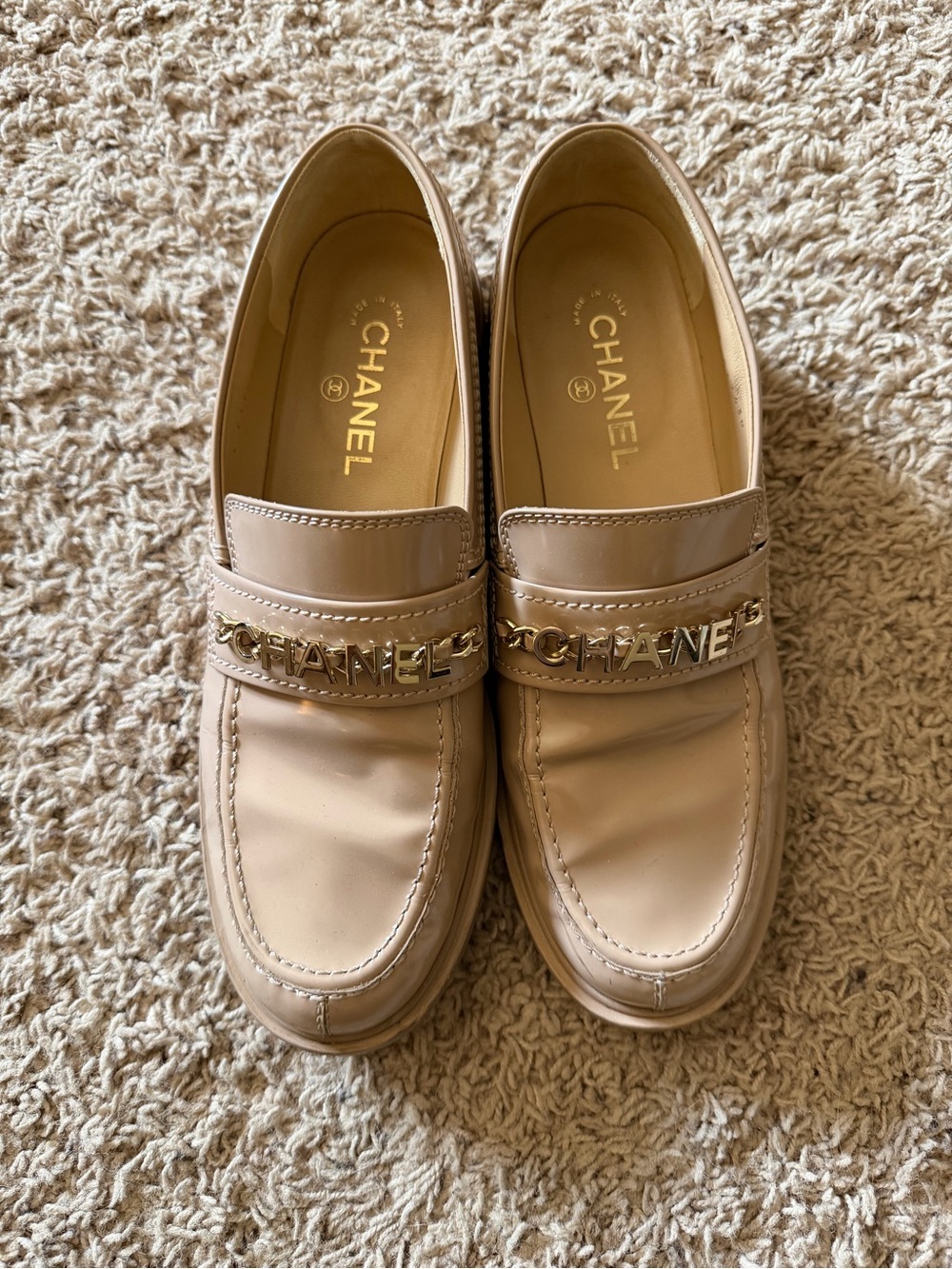 CHANEL Nude Patent Leather Loafers with Gold Logo Chain